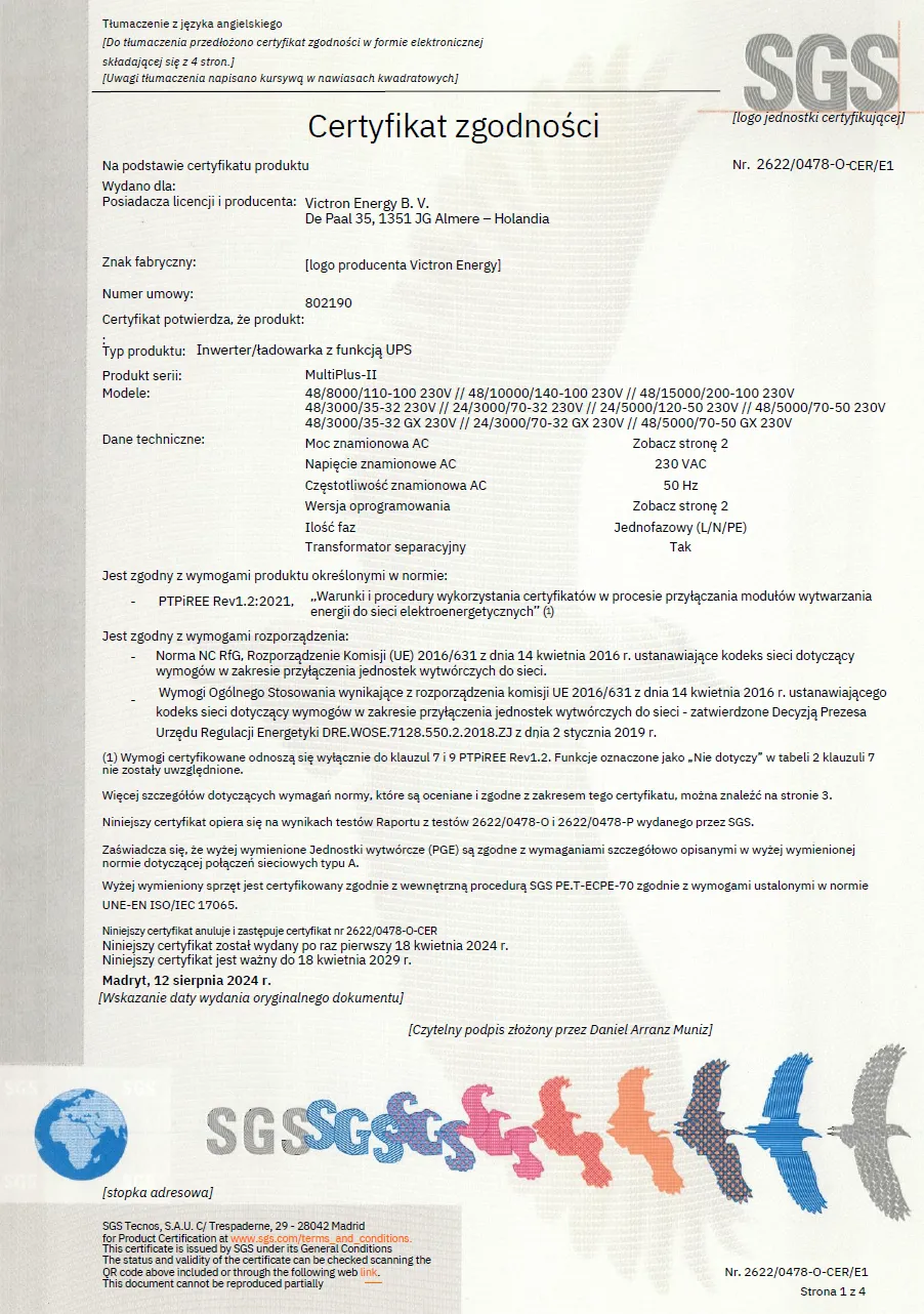 Certyfikat dla inwertera MultiPlus-II Victron Energy pge dystrybucja