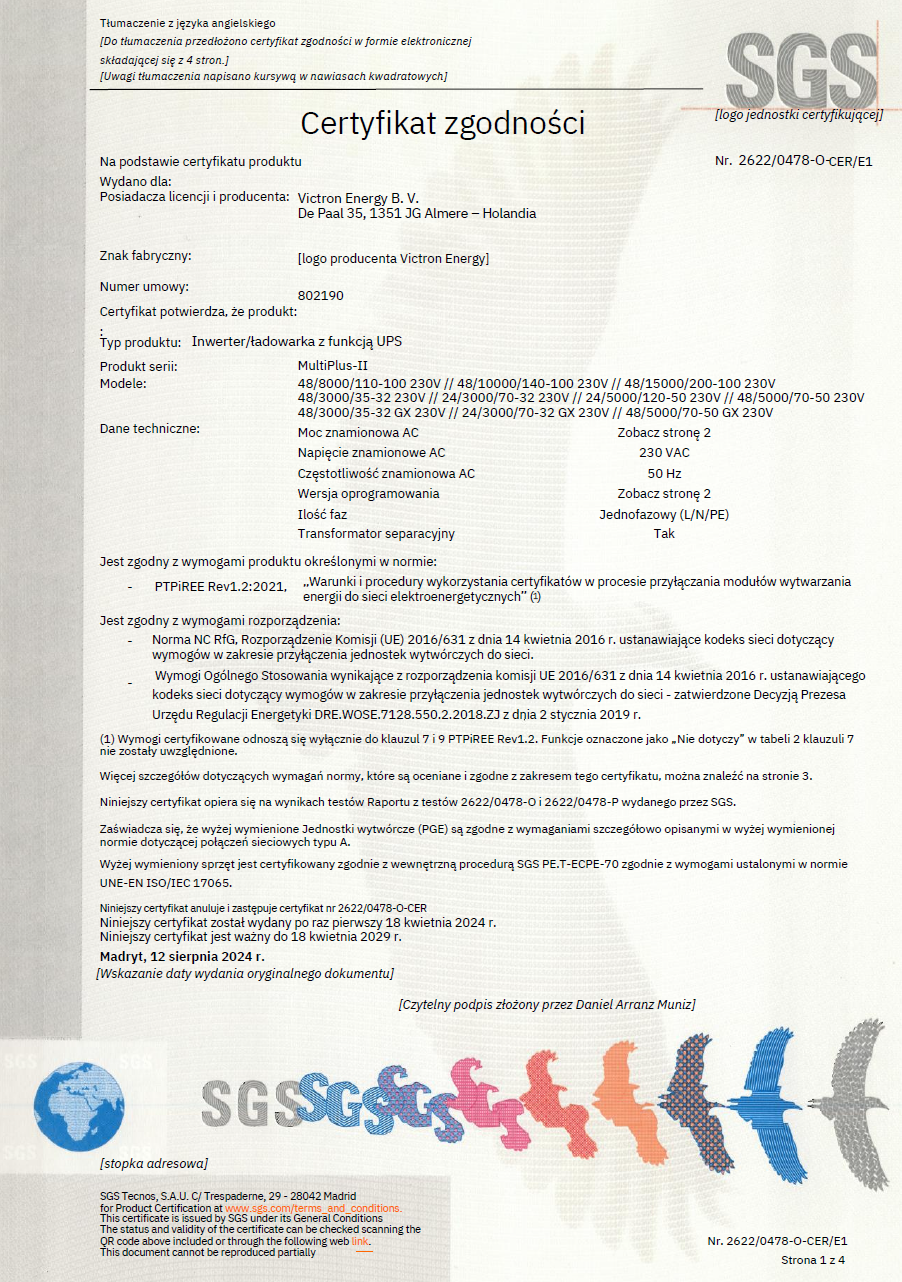 Certyfikat dla inwertera MultiPlus-II Victron Energy pge dystrybucja